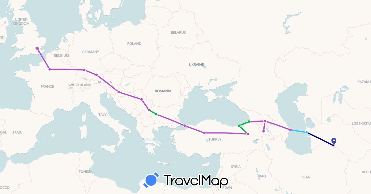 TravelMap itinerary: driving, bus, train, boat in Armenia, Azerbaijan, Bulgaria, Germany, France, United Kingdom, Georgia, Croatia, Serbia, Turkmenistan, Turkey (Asia, Europe)